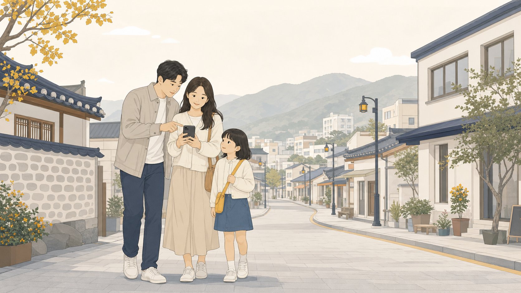 공주 도심 거리에서 가족이 길을 확인하며 발걸음을 옮기는 모습