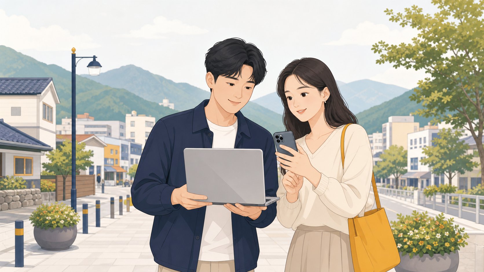 논산 도심에서 가족이 노트북과 휴대폰으로 장례식장 정보를 비교하는 모습