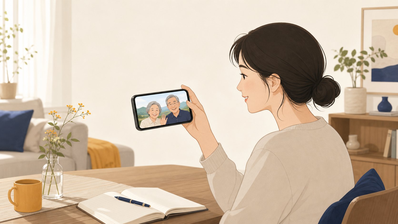 도시에 사는 자녀가 부모와 영상통화로 가족묘 일정을 의논하는 모습