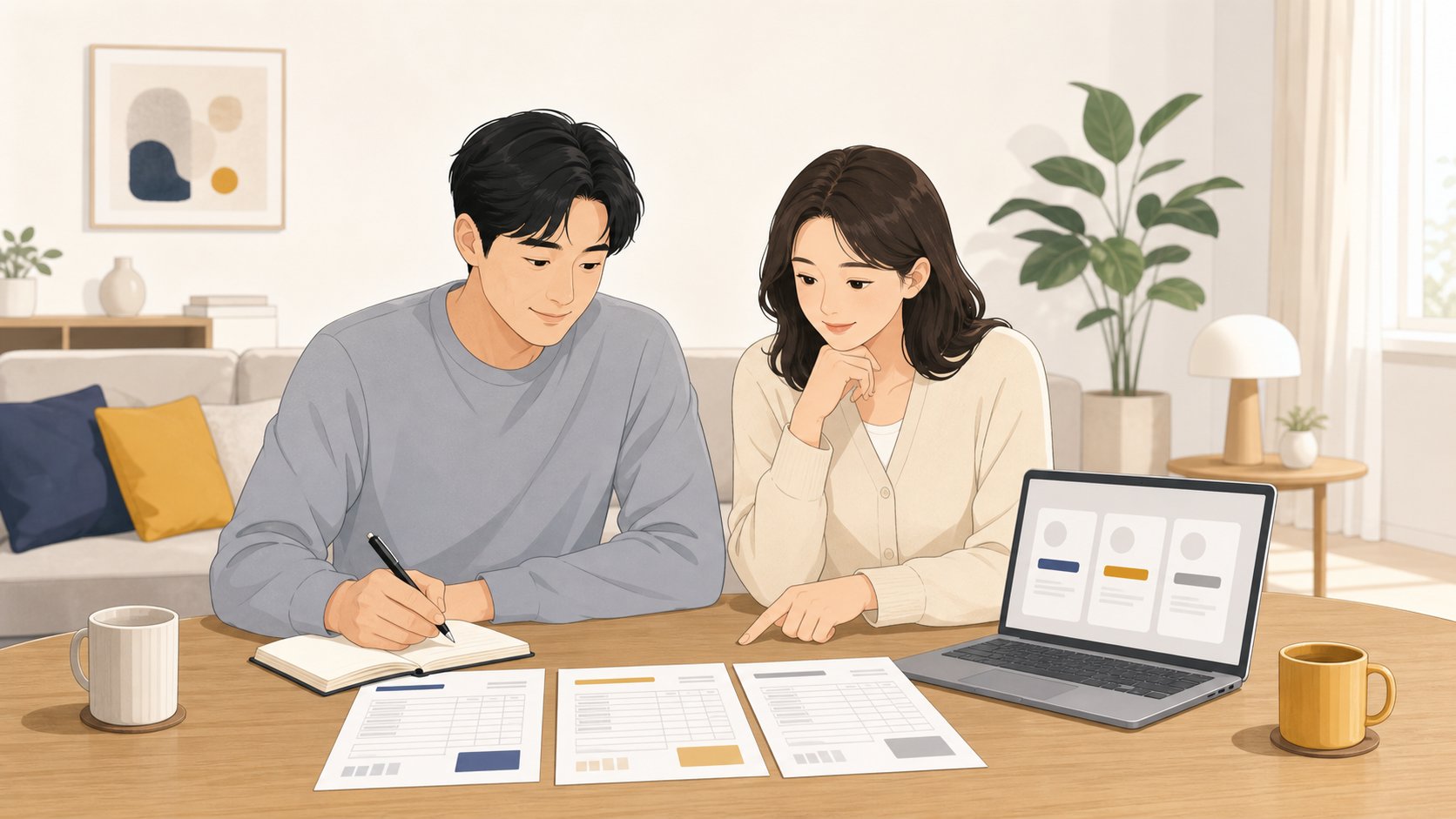 가족이 거실에서 벌초 업체 견적서 두세 장을 함께 비교하는 모습