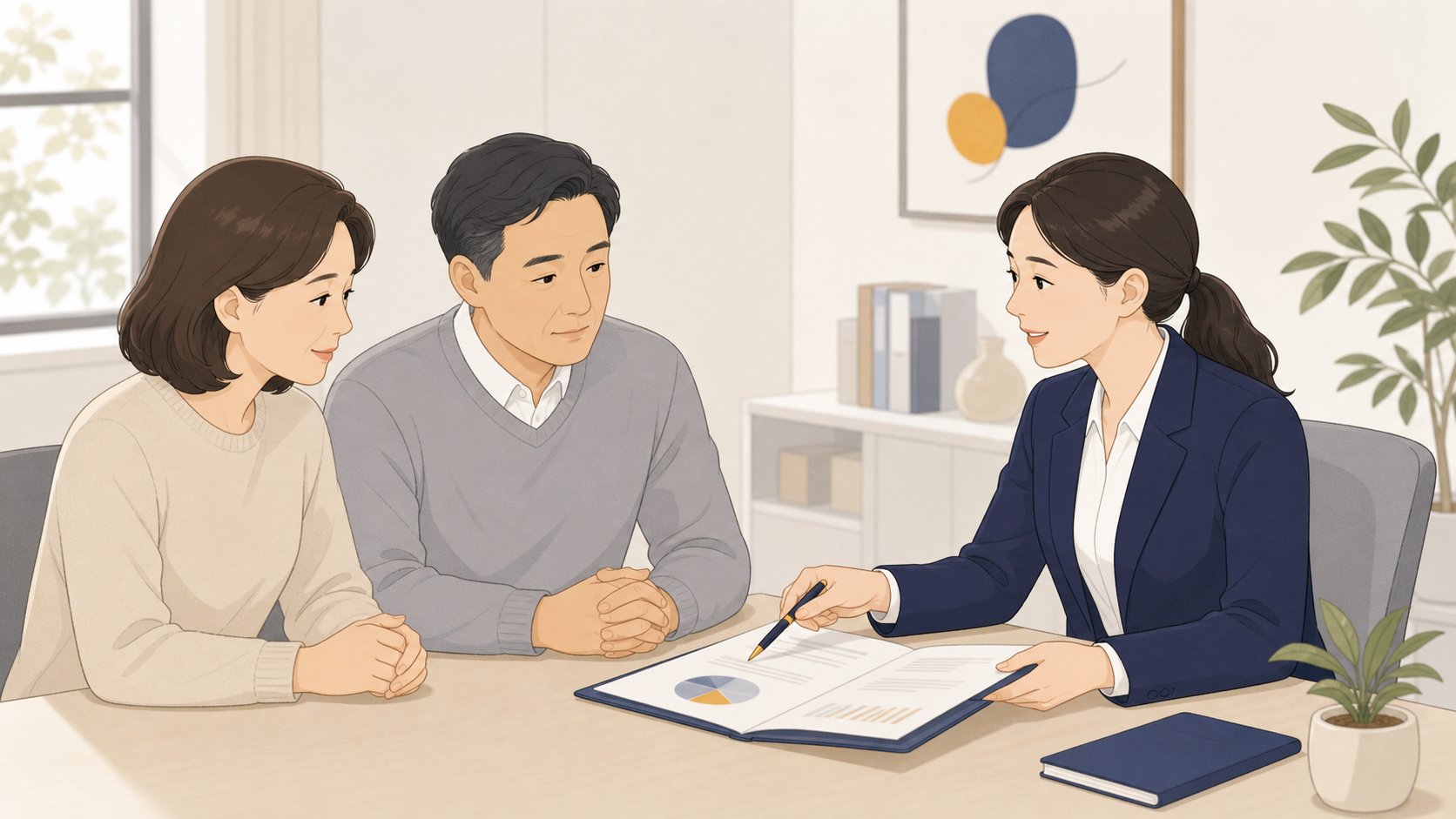 50대 부부가 상조 상담사와 안내 자료를 보며 대화하는 모습