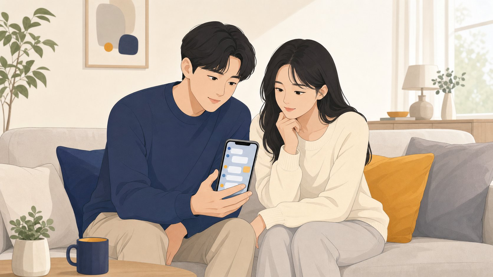 형제가 단톡방 메시지로 정산 합의 내용을 공유하는 모습