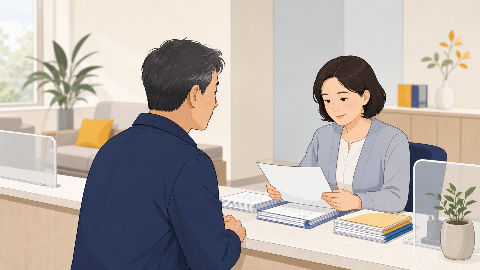 주민센터 창구에서 가족이 사망신고 서류를 정리하며 직원과 상담하는 모습