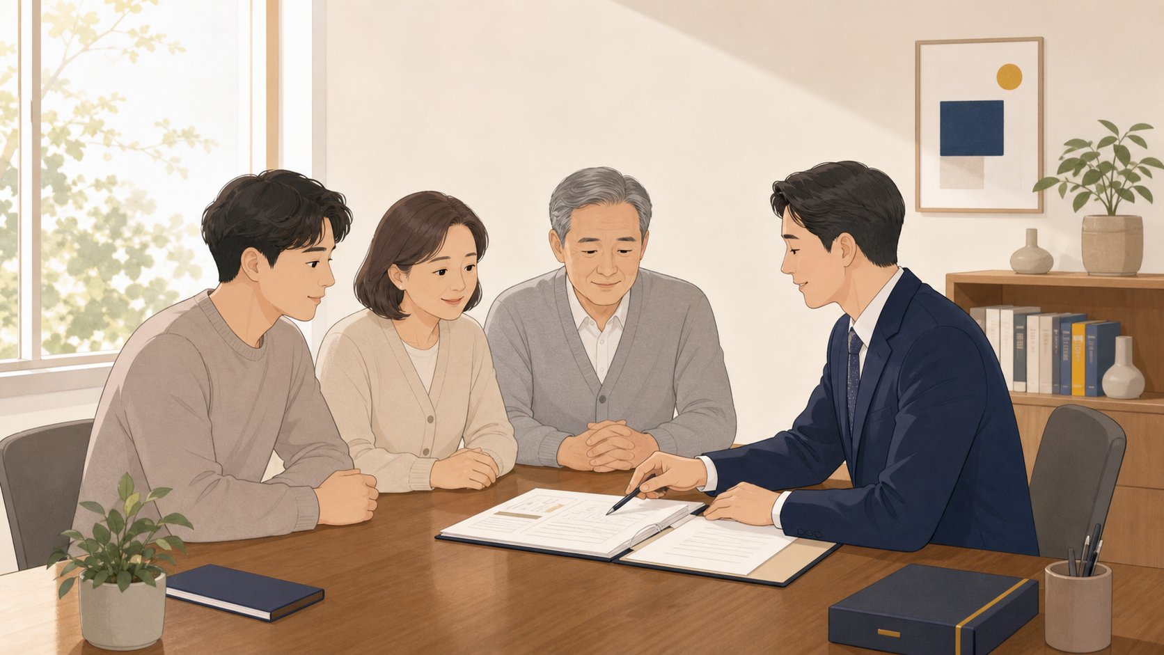 법무사 사무실에서 가족이 상속 관련 서류를 살펴보며 상담받는 차분한 분위기