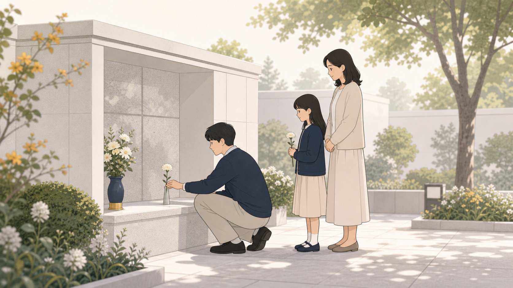 가족이 봉안당 앞에서 1주기를 맞아 헌화하며 추모하는 잔잔한 장면