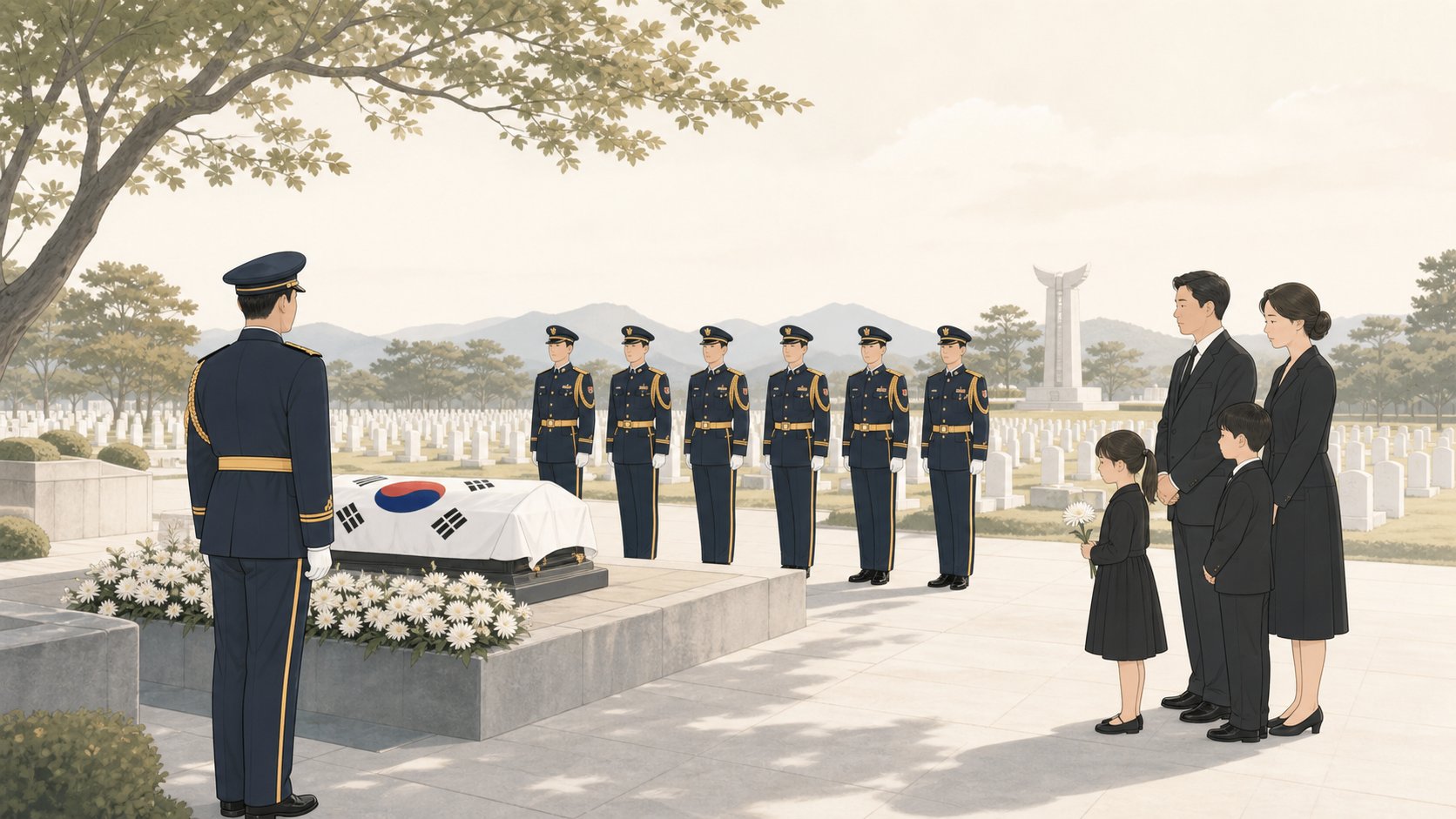 국립묘지 안장식에서 의장대가 정렬한 가운데 가족이 참석한 절제된 장면