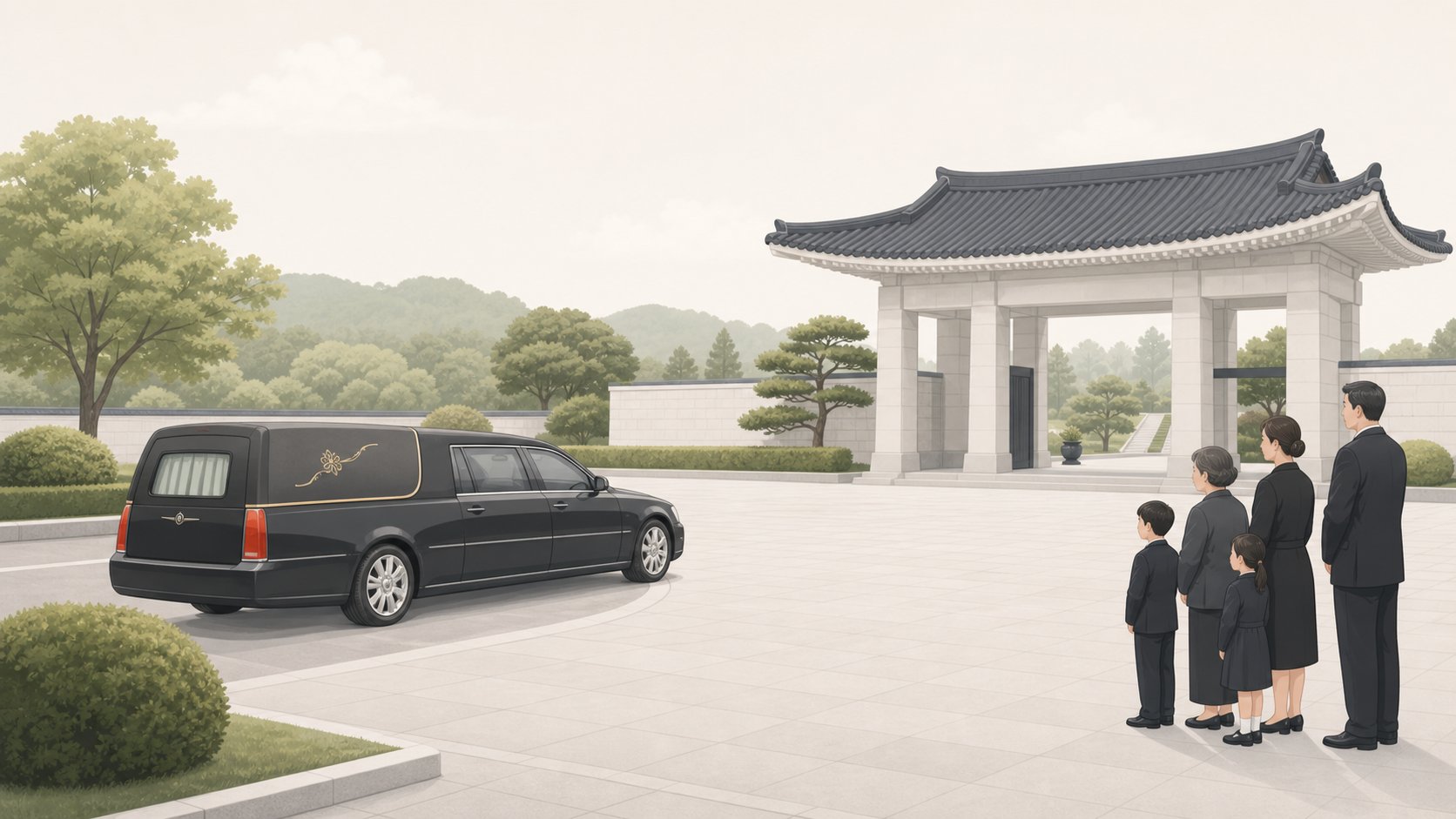 국립묘지 입구 광장에서 운구 차량이 도착하고 가족이 차분히 맞이하는 장면