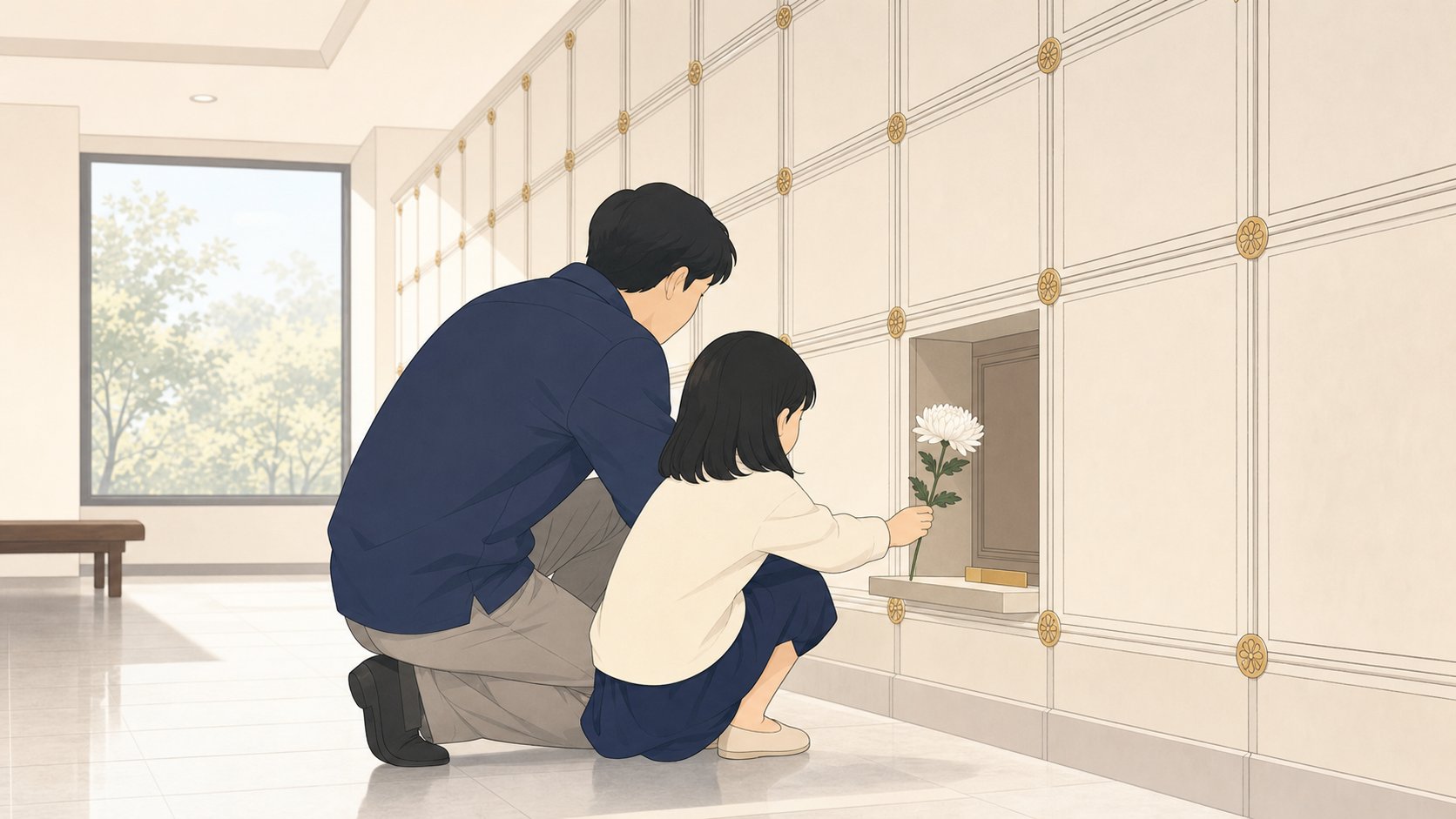 봉안당 앞에서 가족이 흰 국화를 헌화하며 100일을 맞아 추모하는 장면