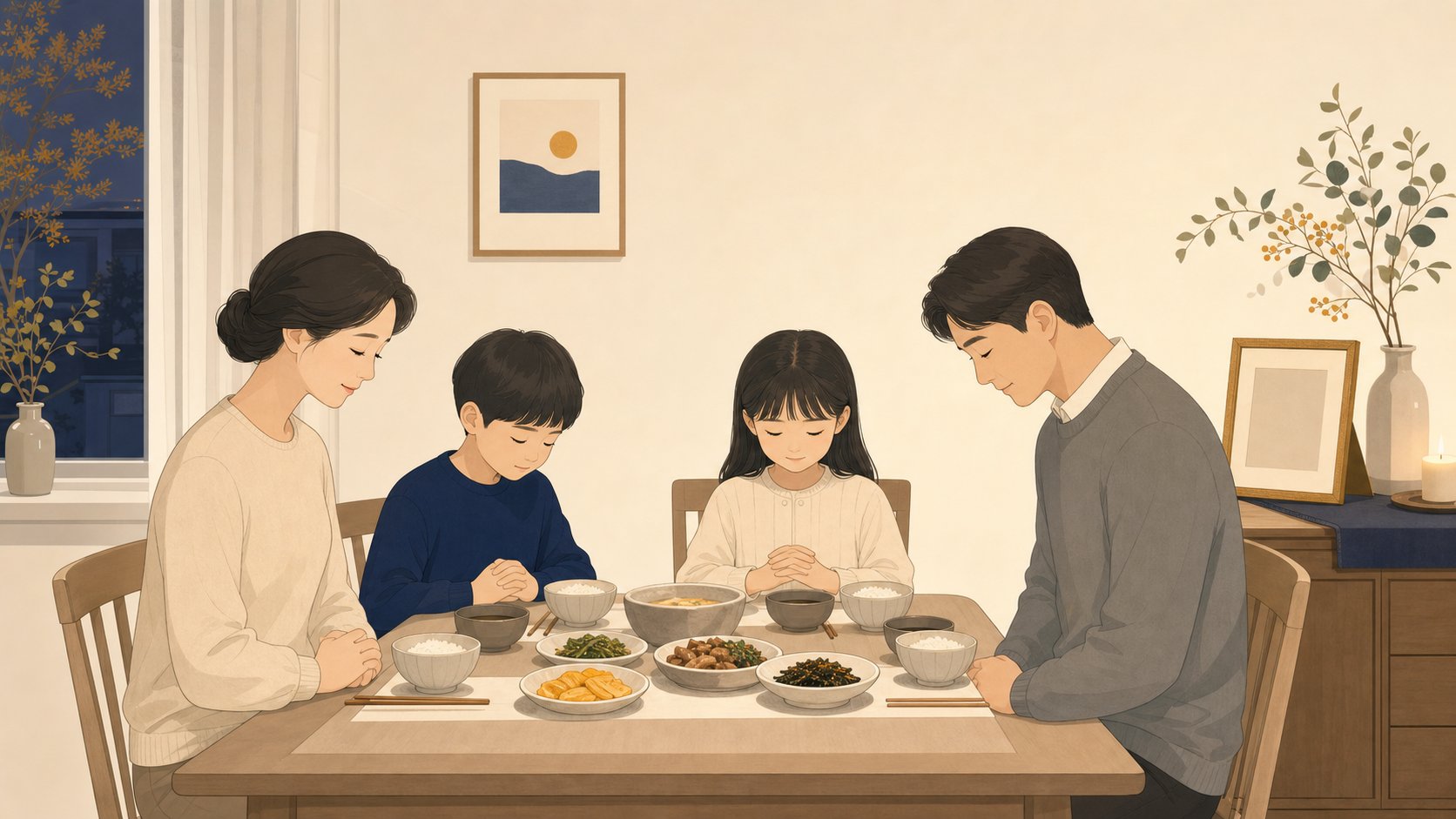 가정 식탁에 가족이 둘러앉아 작은 추모상과 함께 차분히 식사하는 모습