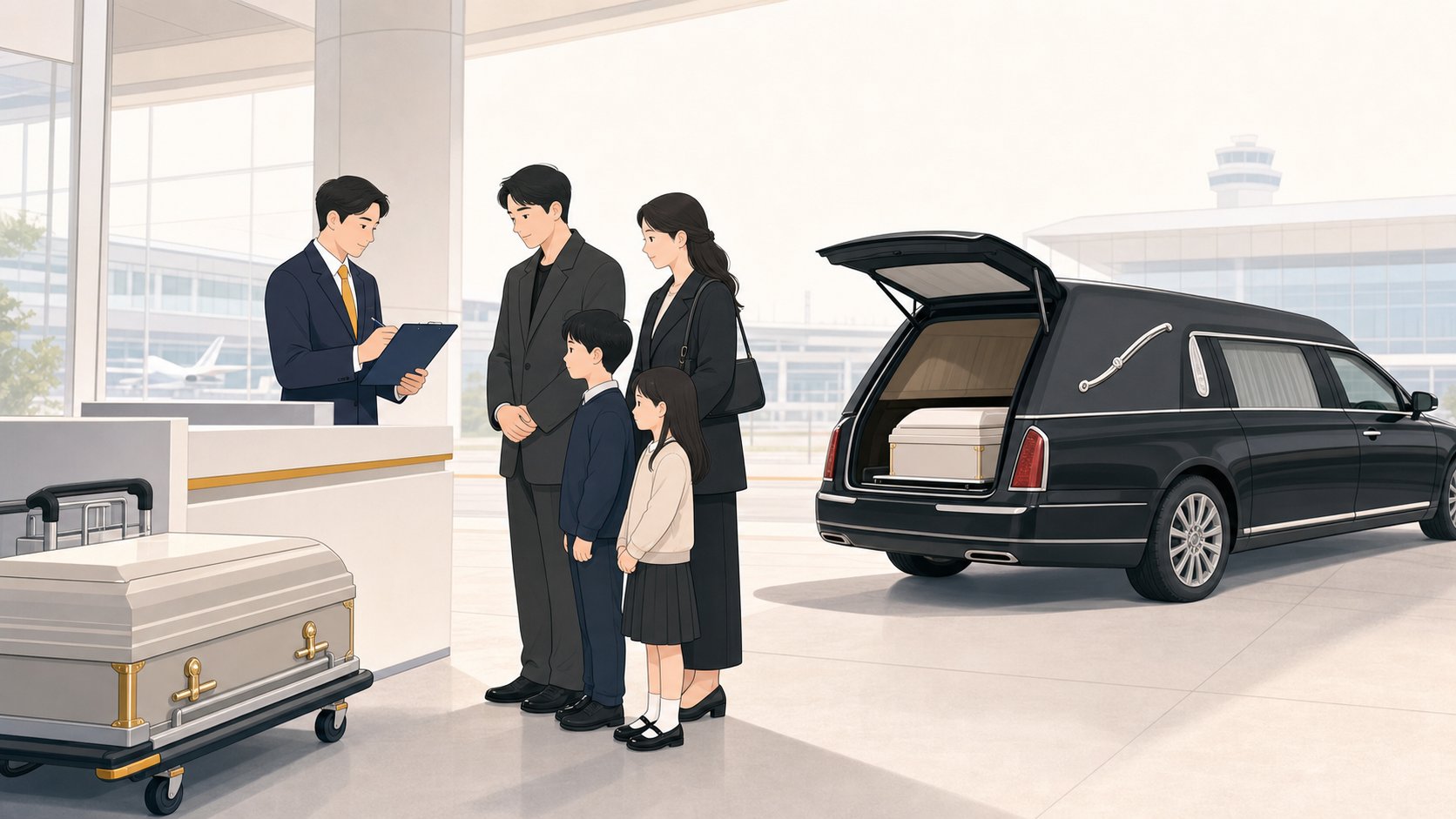 인천공항 화물 인계 구역에서 운구 차량이 대기하고 가족이 서류를 확인하는 모습