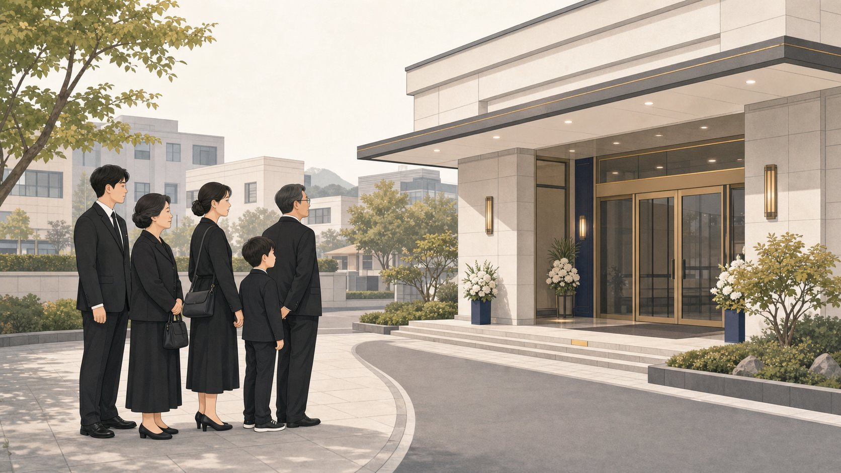 충청도 한 장례식장 앞에서 가족이 운구 차량 도착을 기다리는 잔잔한 장면