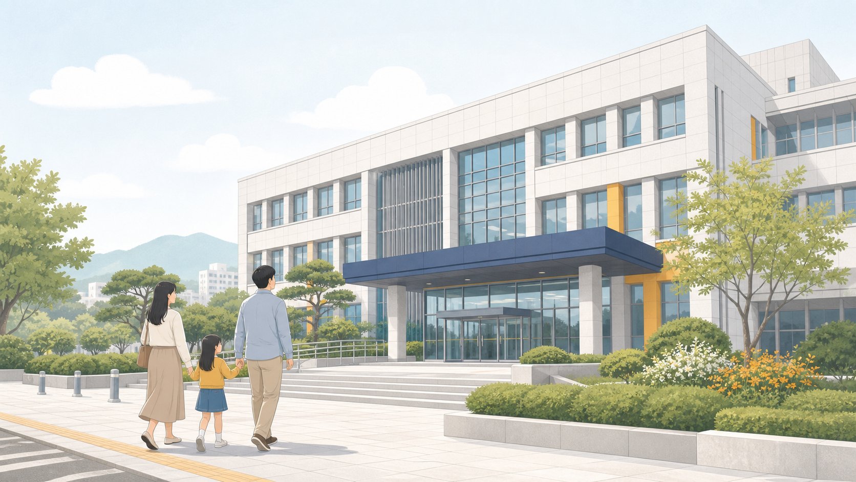 충청도 한 세무서 외관과 가족이 입구로 향하는 차분한 모습