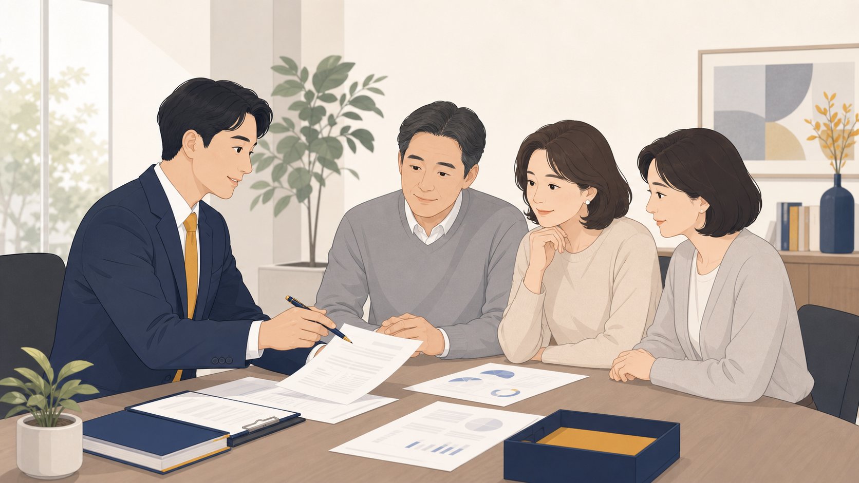 세무사 상담실에서 가족이 노트북과 서류를 두고 세무사와 차분히 상속세 신고를 검토하는 장면