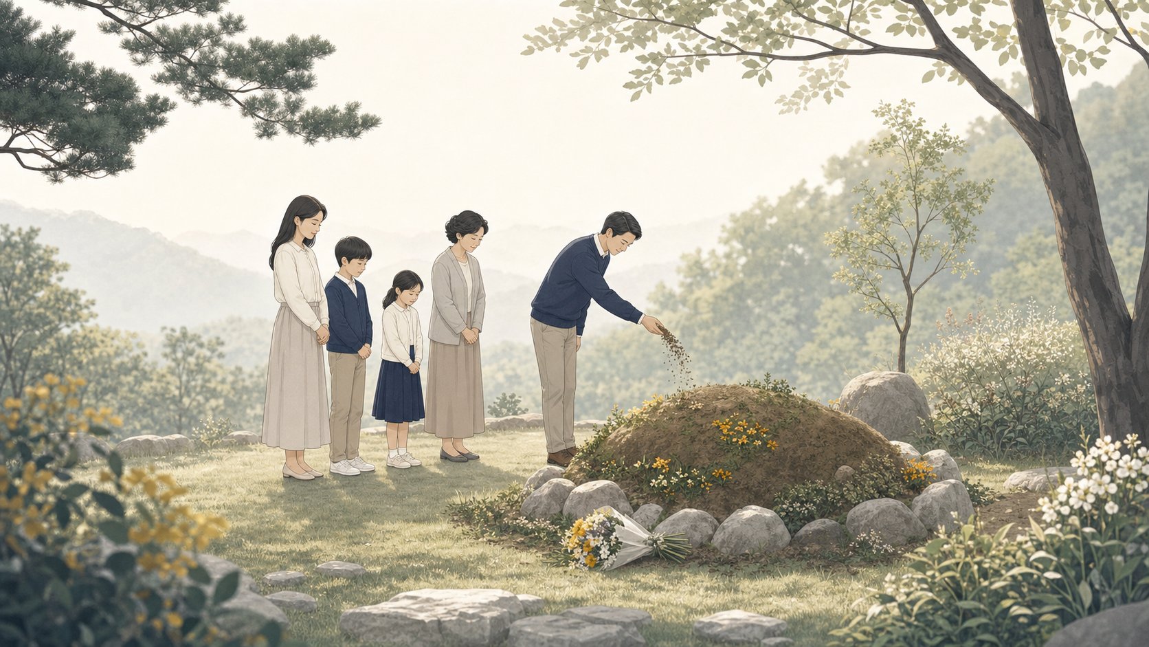 묘지나 봉안당 앞에서 가족이 흙을 뿌리며 짧은 기도를 바치는 잔잔한 장면
