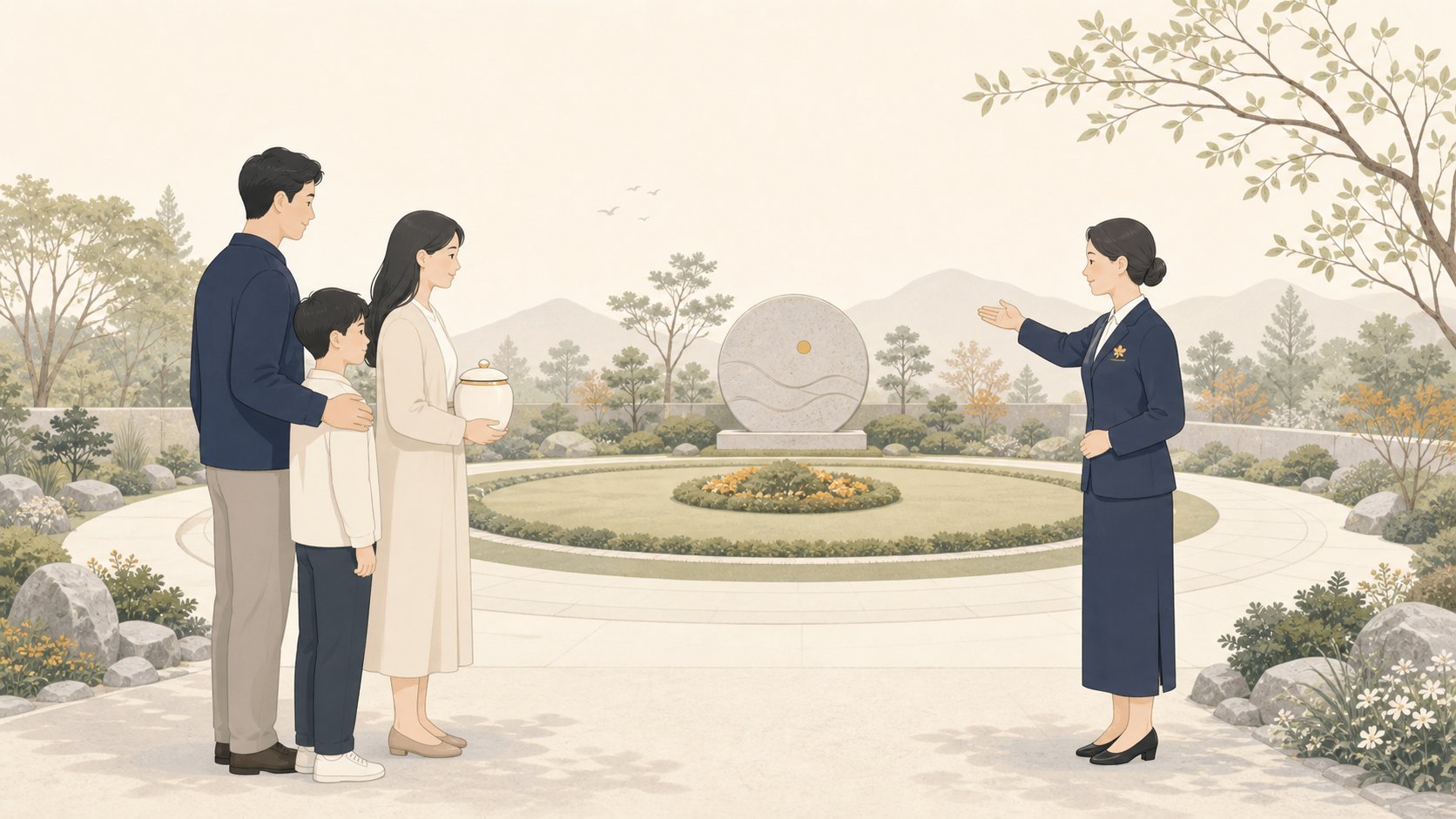 추모 정원에서 산골 안내를 받는 가족