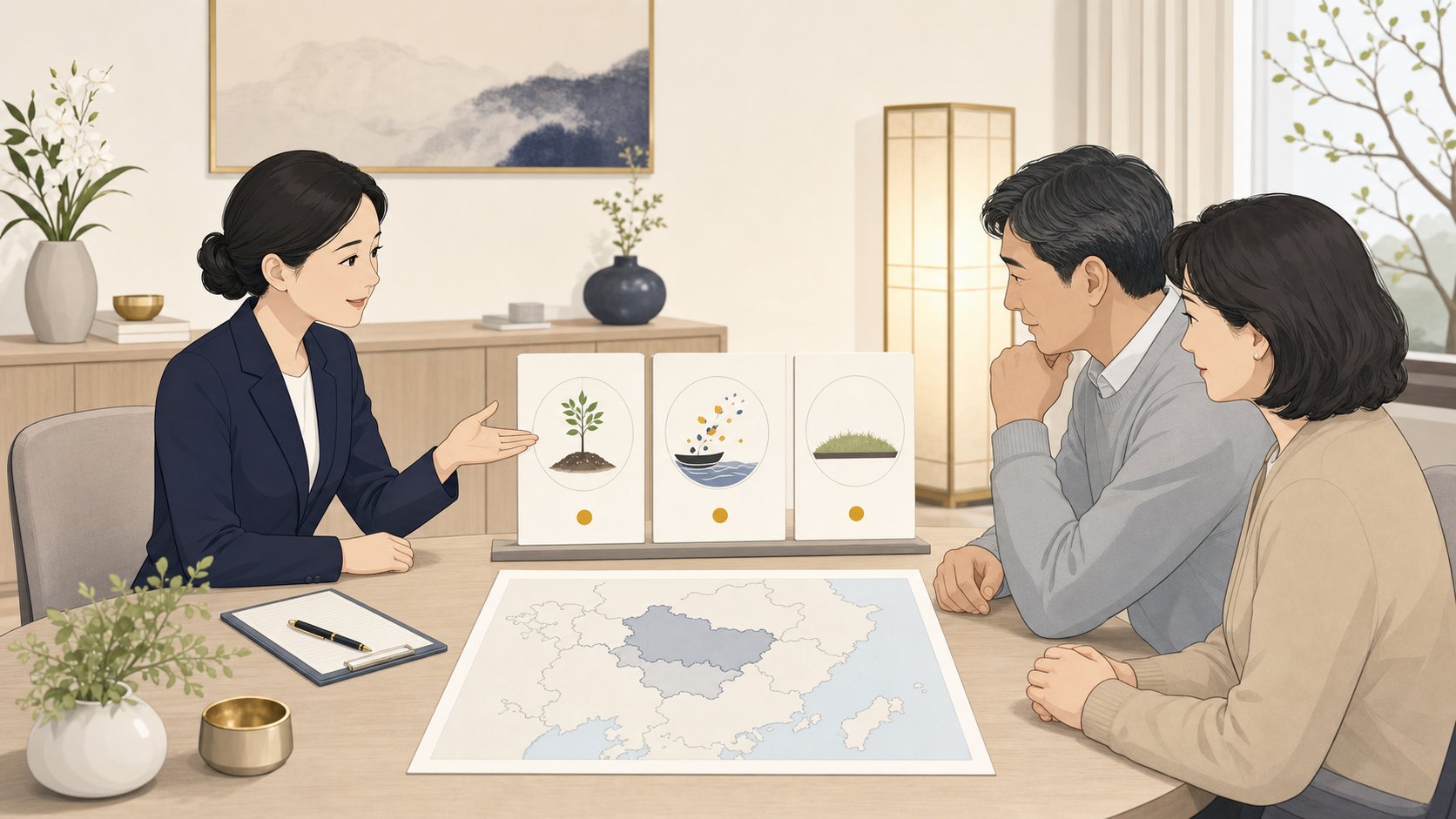 안내데스크에서 자연장 산골 평장 옵션을 비교 상담받는 가족