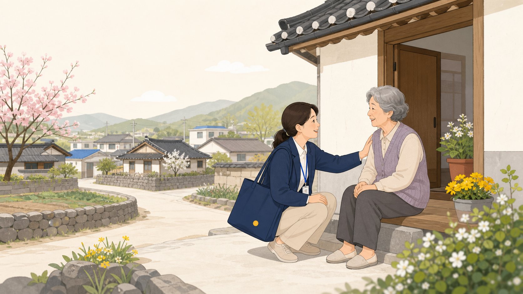 충청도 마을에서 사회복지사가 독거 어르신 안부를 살피는 모습