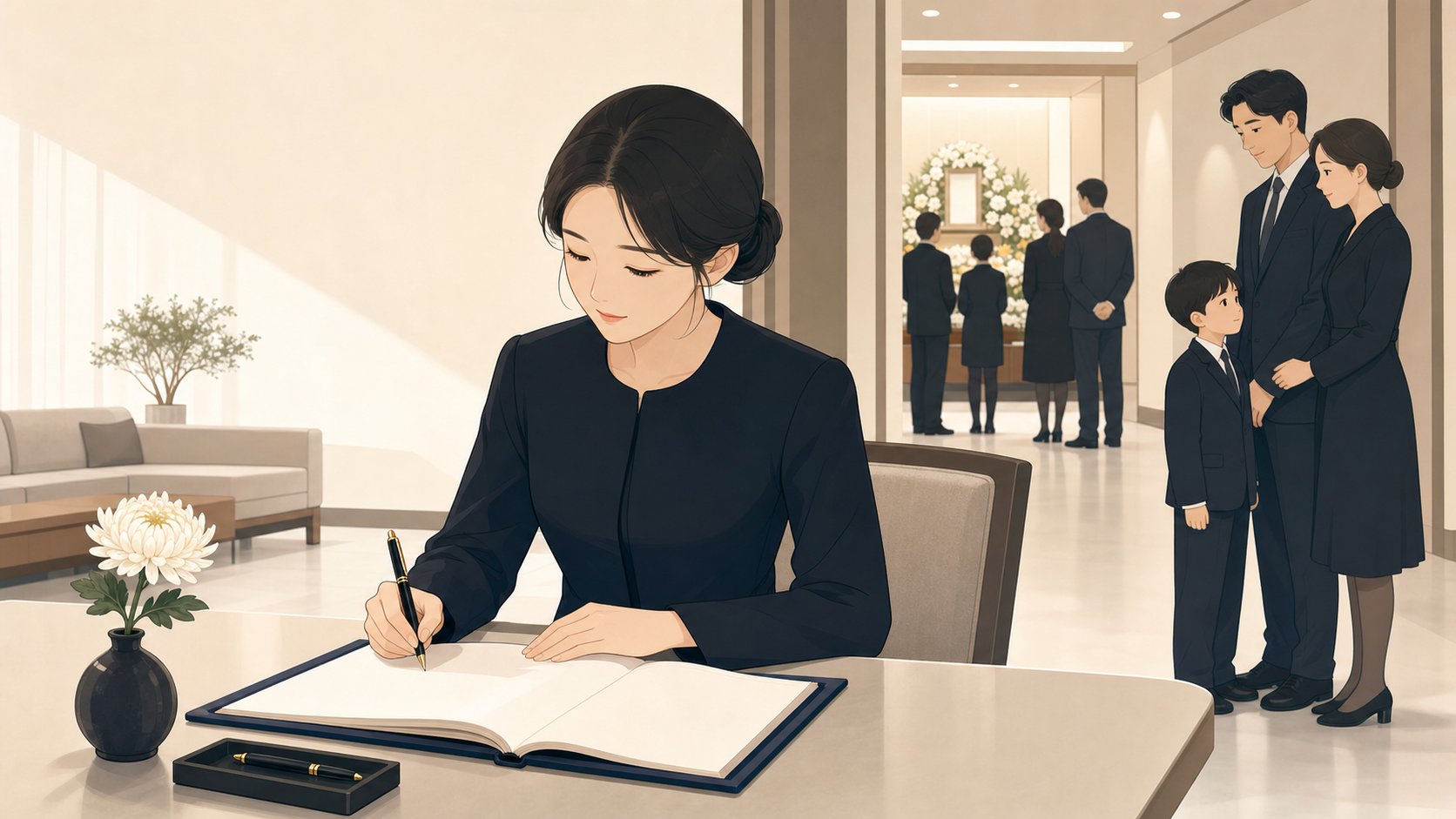 안내 테이블에서 방명록에 성함을 또박또박 적는 조문객