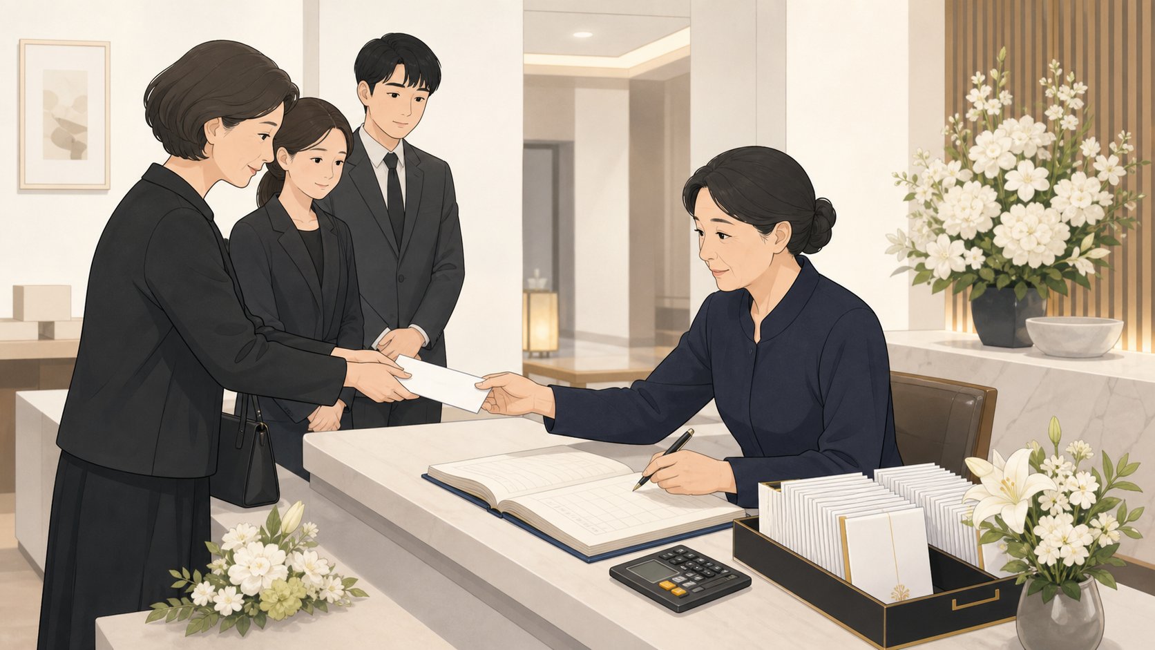 접수 테이블에서 부의금 봉투를 받아 부의록에 기록하는 친척