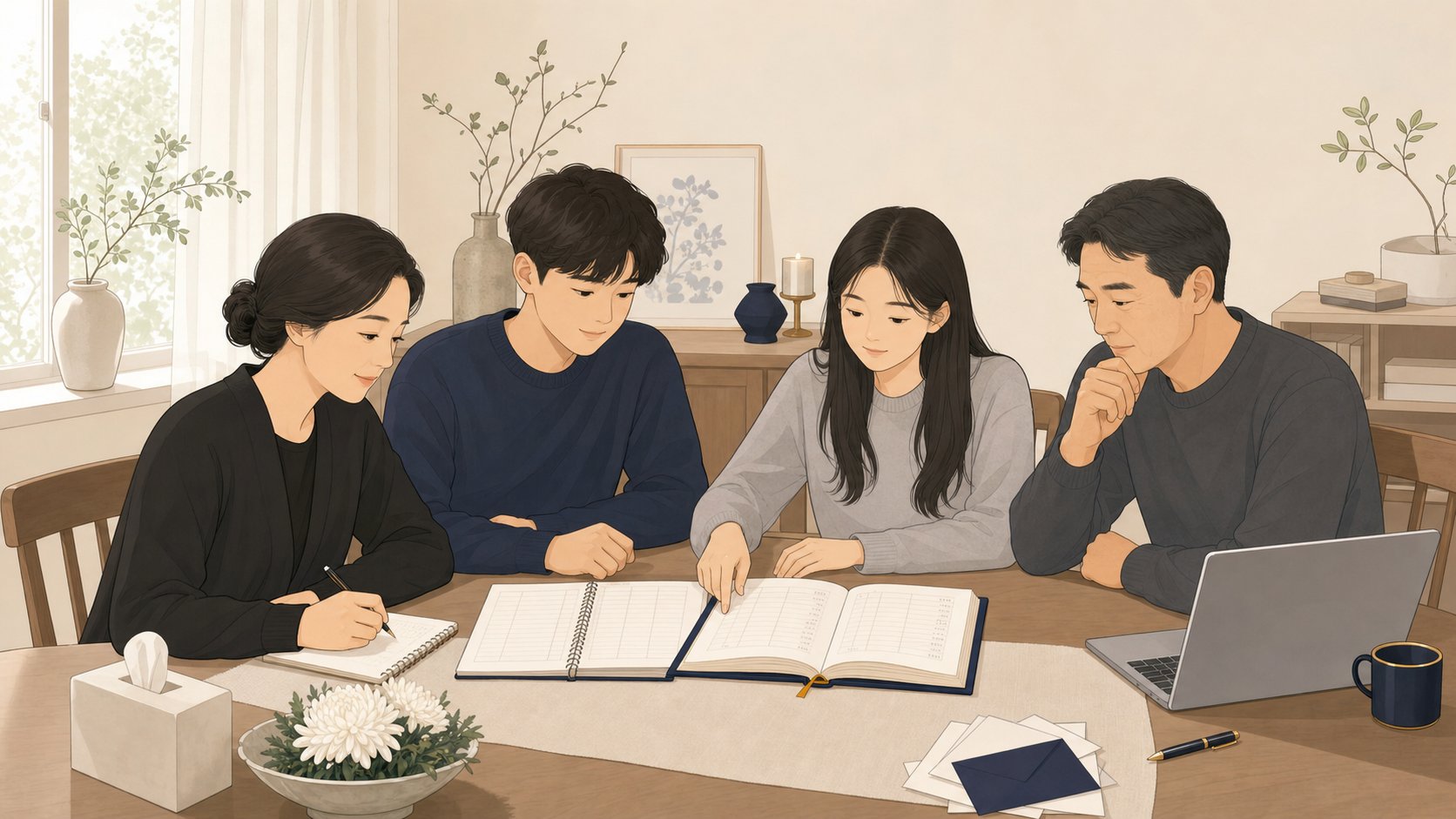 거실에서 방명록과 부의록을 펼쳐 놓고 답례 명단을 정리하는 가족