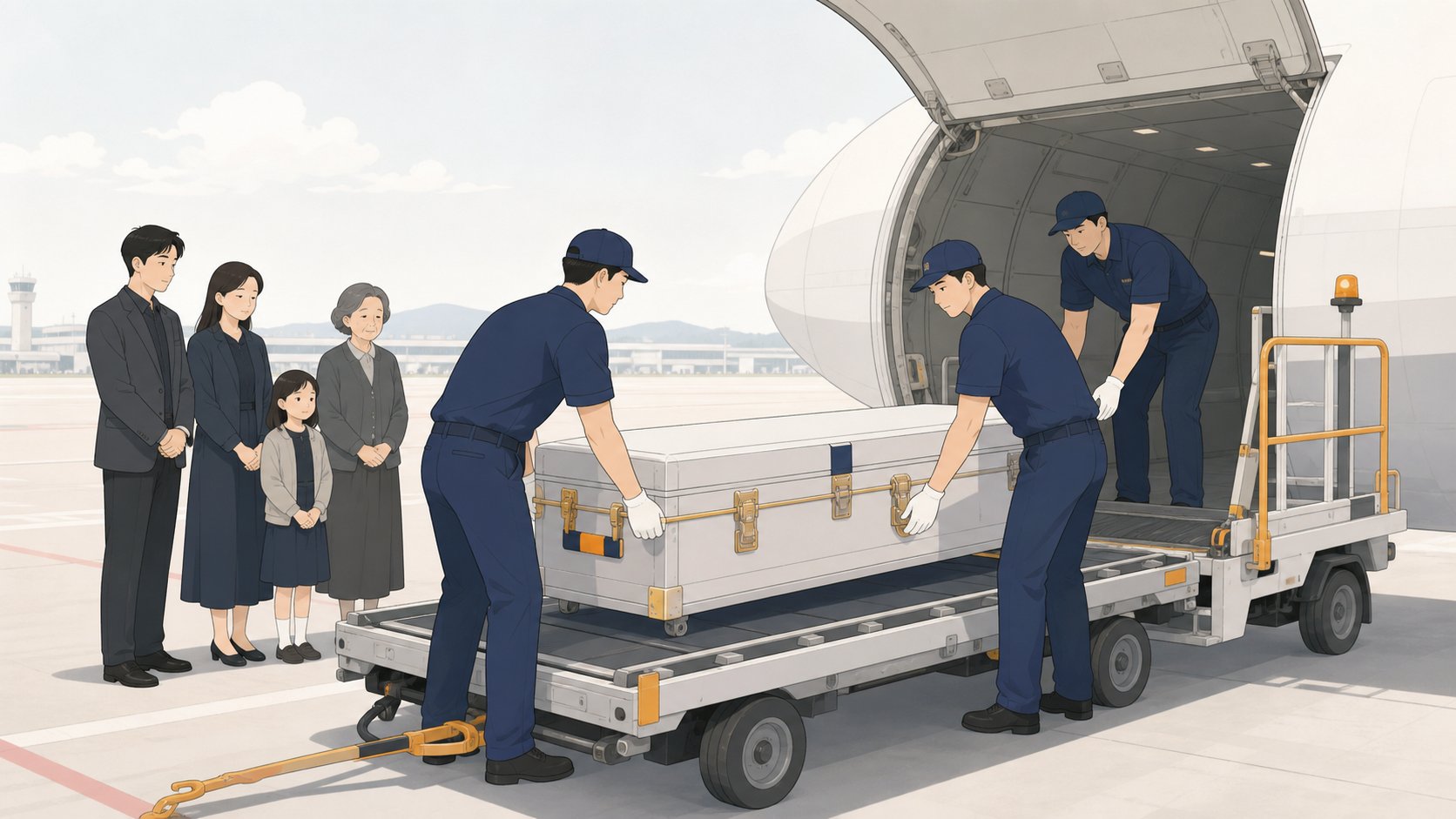 공항 화물 터미널에서 국제 운구용 관을 정중히 운송하는 모습