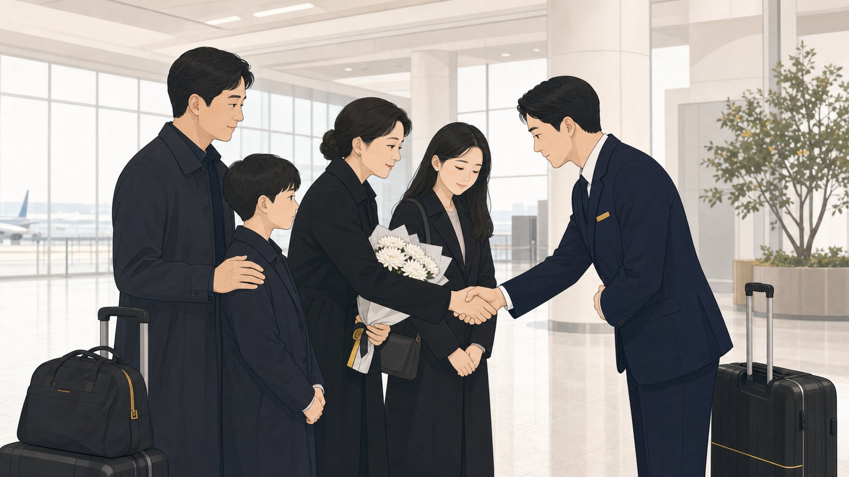 한국 공항 도착장에서 가족이 정중히 운구를 맞이하는 모습