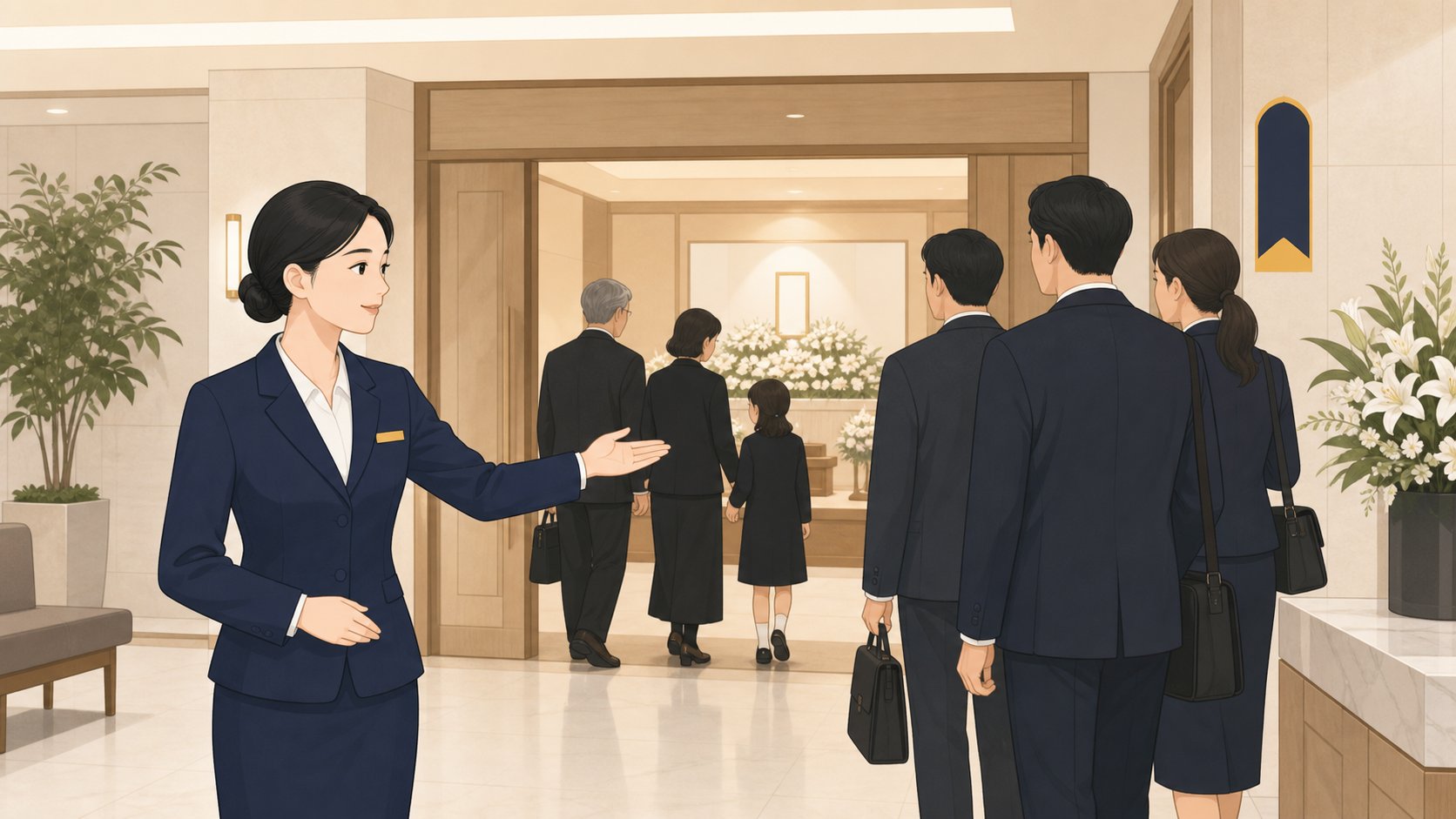 회사 의전팀이 빈소 동선을 안내하며 임직원이 조문하는 모습