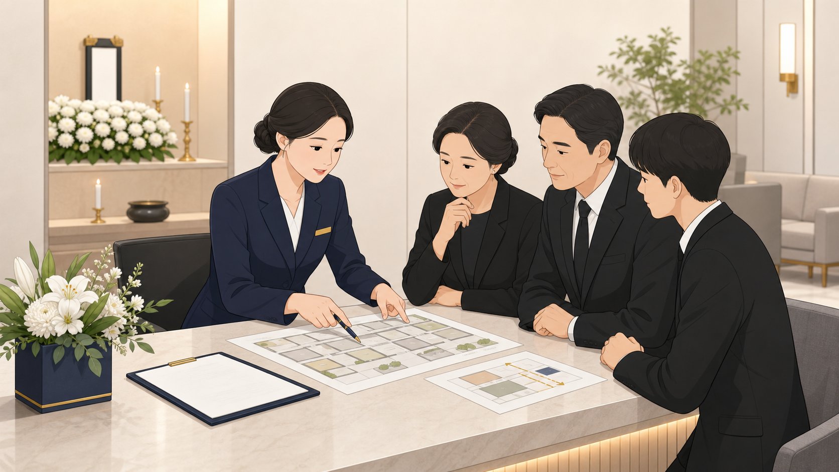 충청도 장례식장에서 회사 의전 담당자가 동선을 점검하는 모습