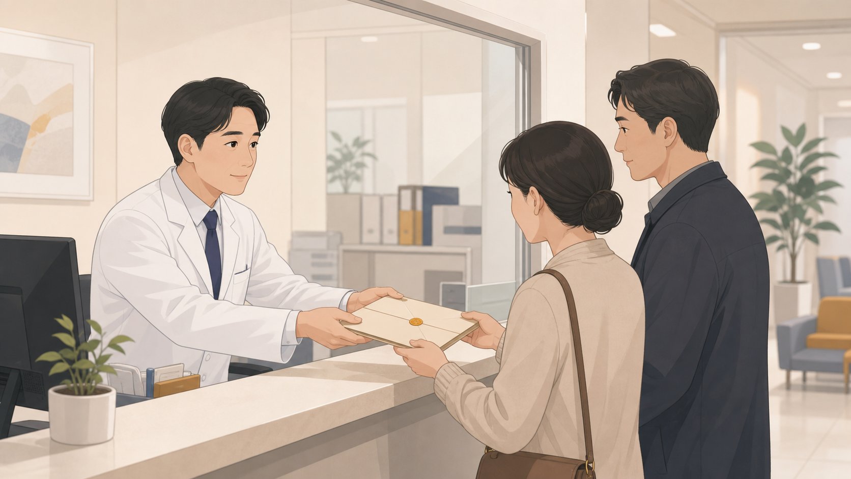 응급실에서 사망진단서를 보호자에게 전달하는 모습