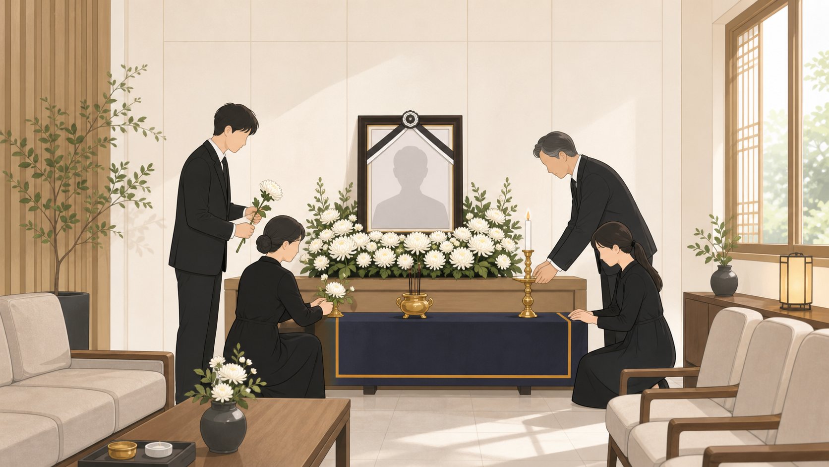 다음 날 아침 장례식장 빈소에서 영정과 헌화를 준비하는 가족