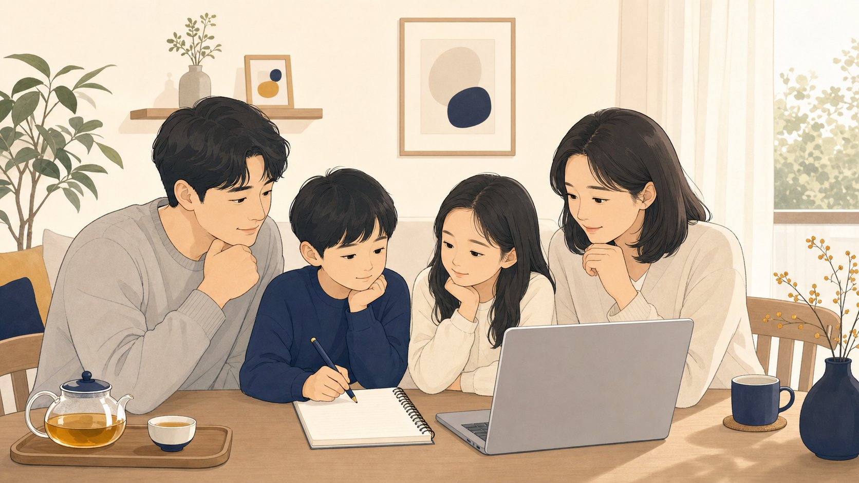 거실에서 답례 메시지 명단을 함께 정리하는 가족