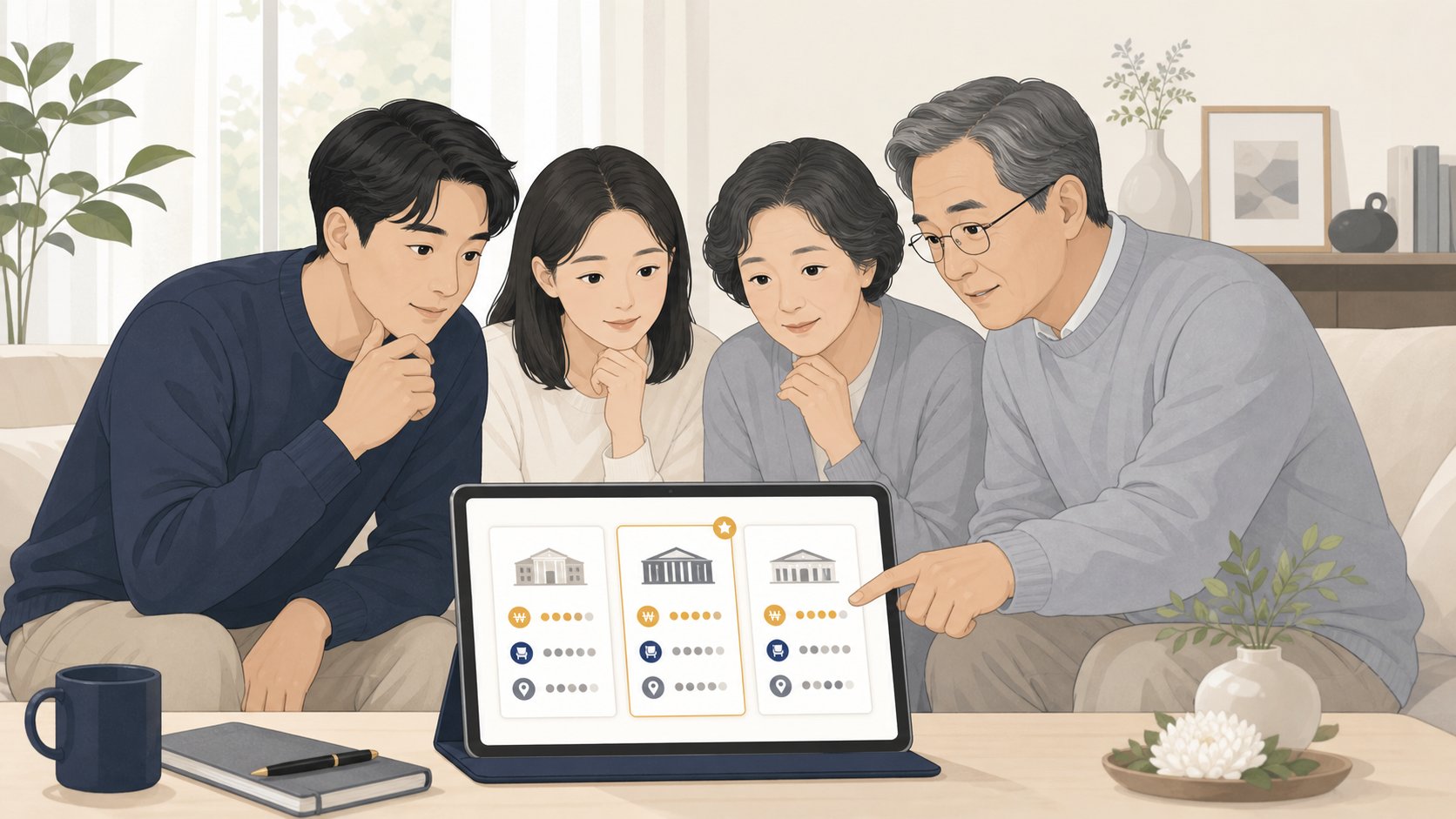 태블릿으로 여러 장례식장 정보를 카드 형태로 비교하는 충청도 가족