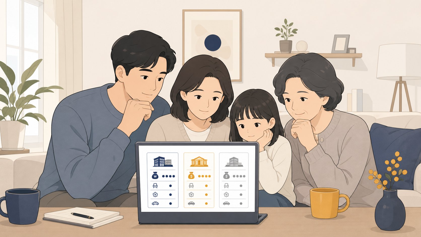 노트북으로 여러 장례식장 비용 정보를 비교하는 충청도 가족
