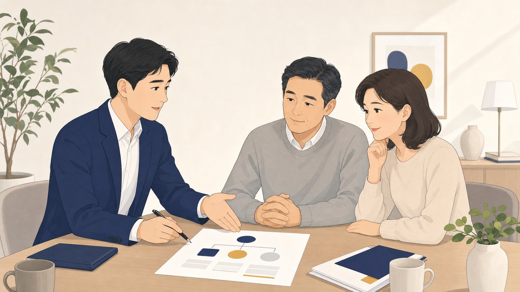 상담사가 후불제 상조 서비스 구조를 가족에게 설명하는 모습