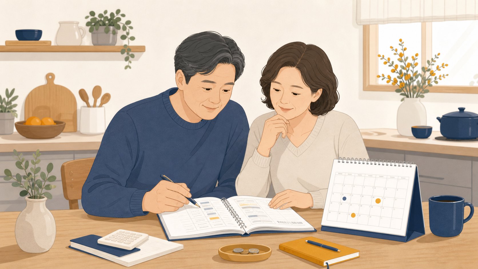식탁에서 가계부와 달력을 보며 상조 방식을 의논하는 중장년 부부
