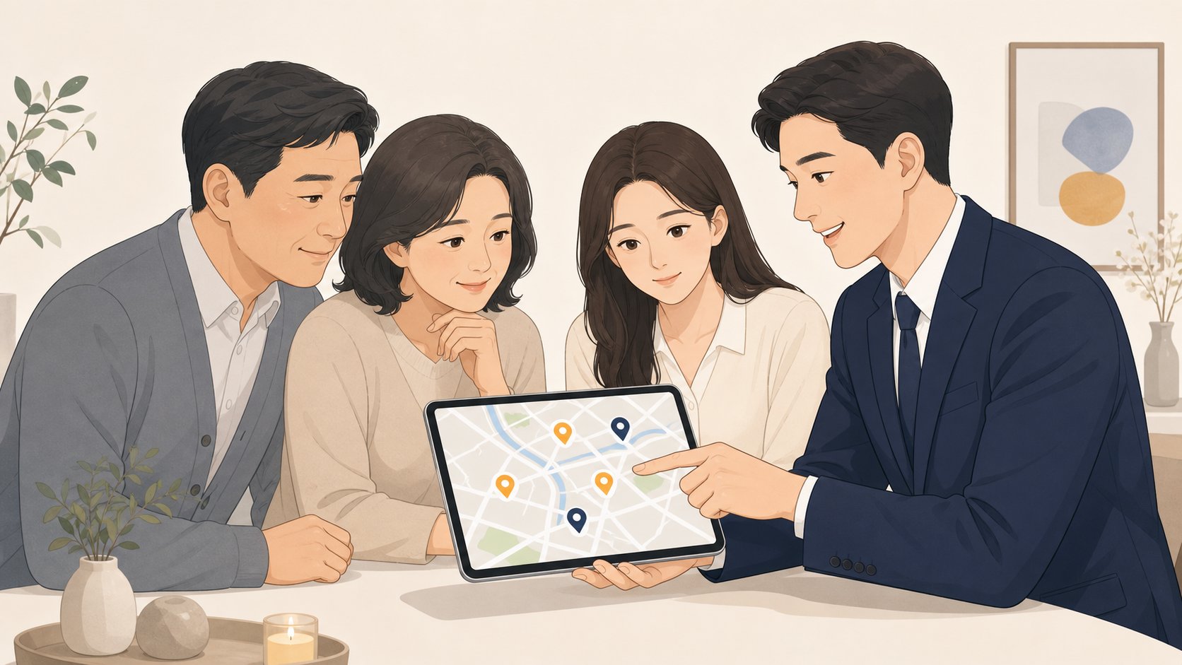 상담사와 함께 충청도 지역 장례식장 정보를 태블릿으로 살펴보는 가족
