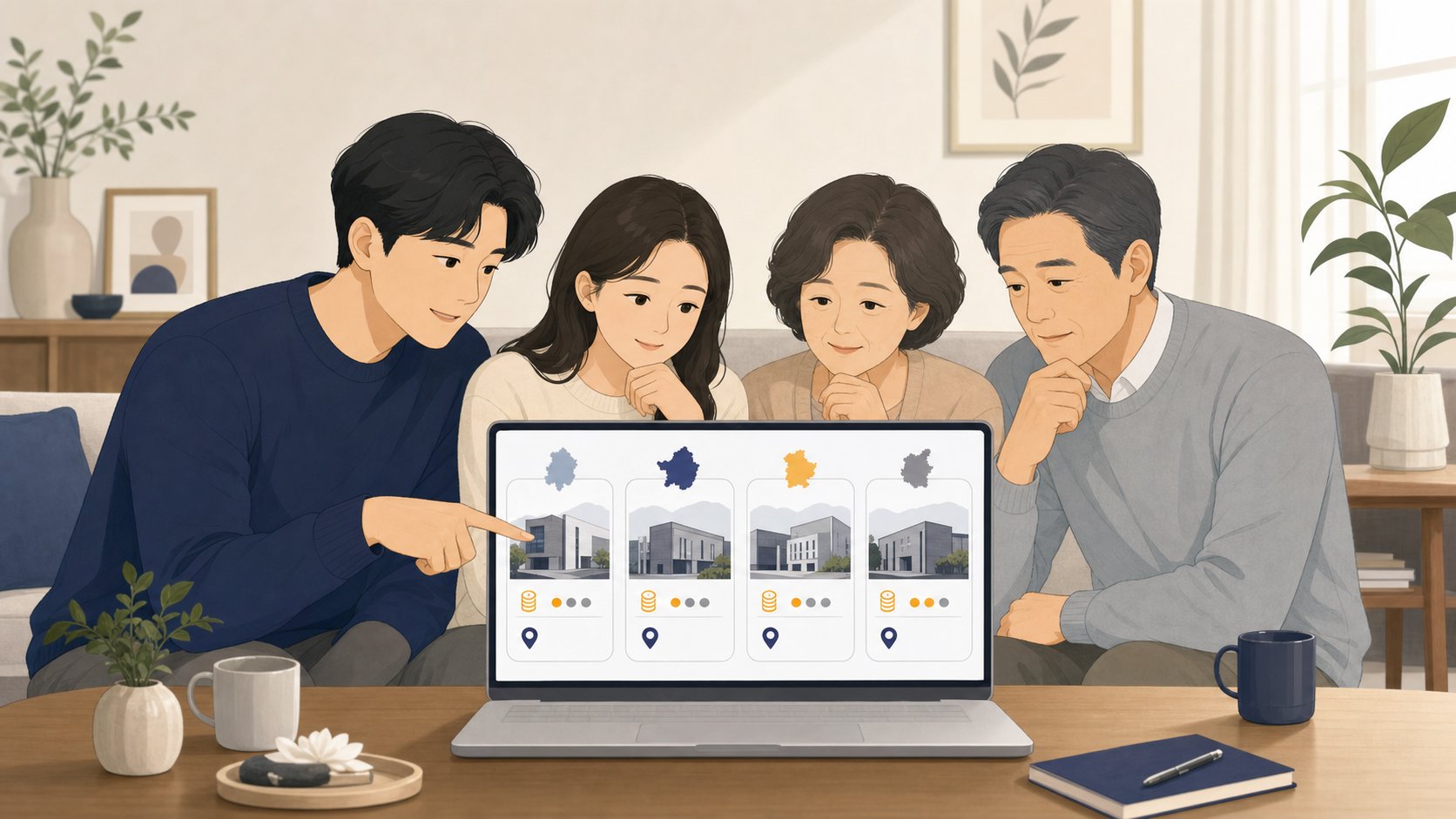 노트북으로 권역별 장례식장 정보를 카드 형태로 비교하는 충청도 가족