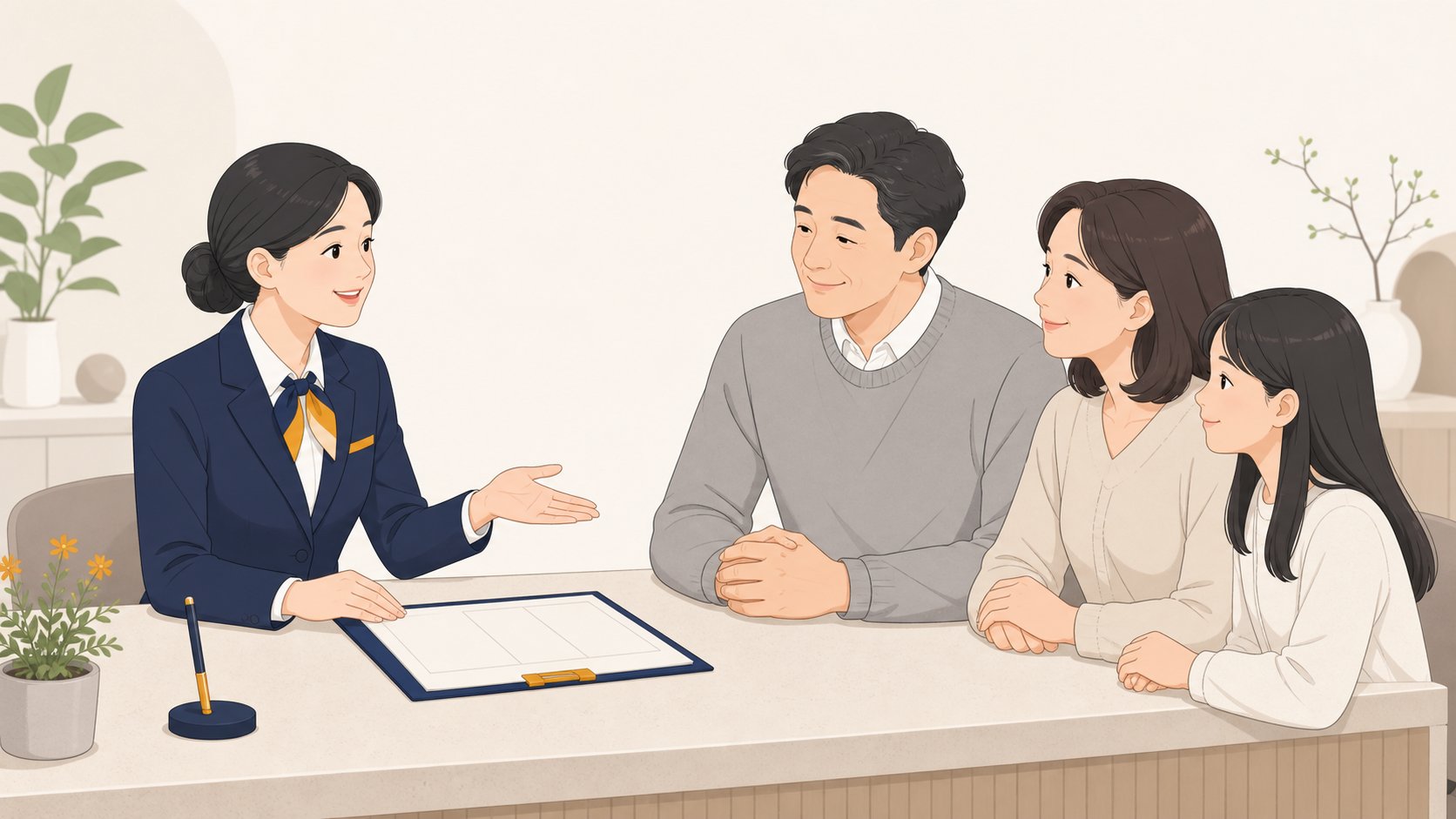 상담 창구에서 직원이 가족에게 상조 명의 변경 절차를 안내하는 모습