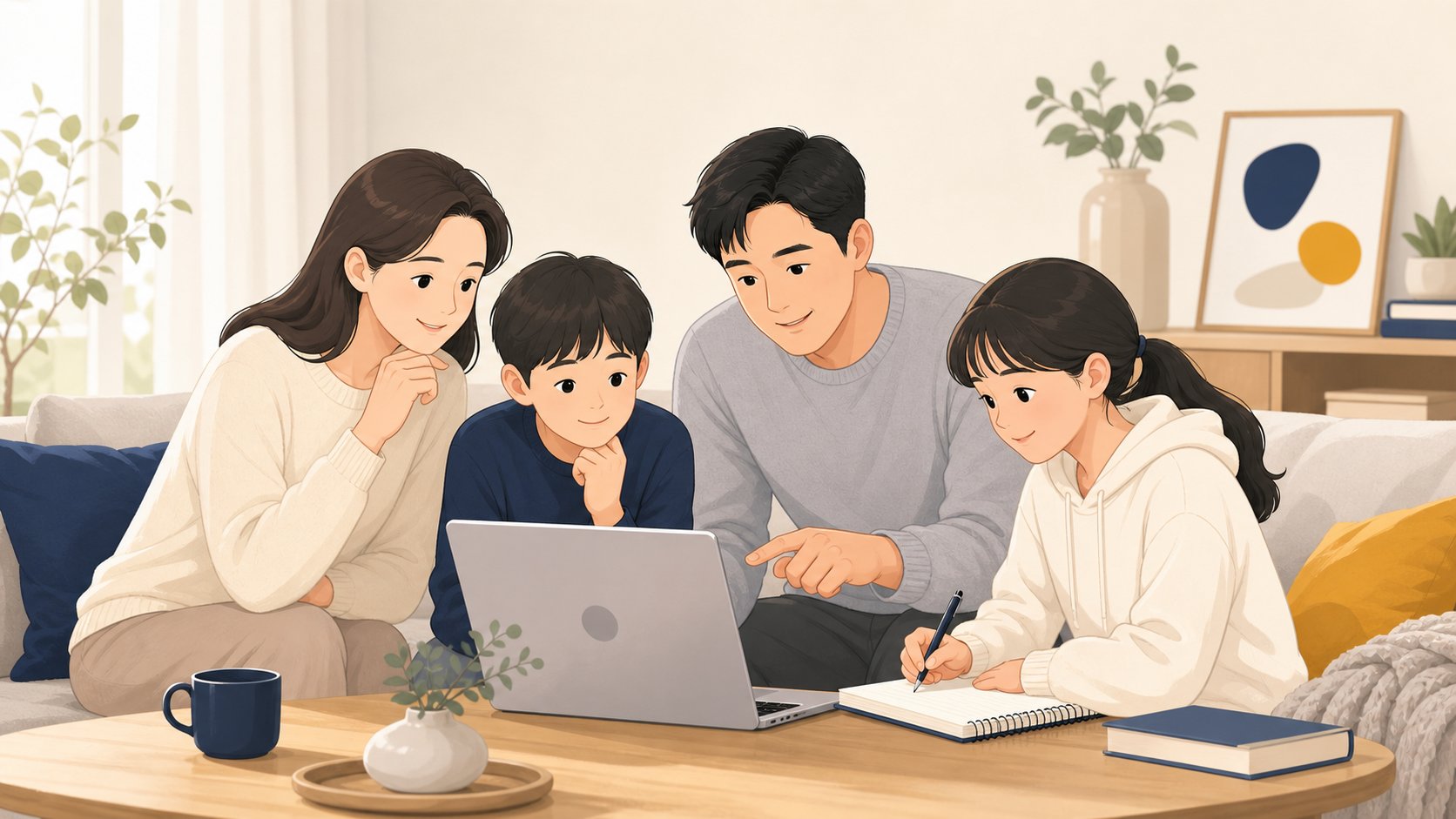 노트북으로 상조 적립 현황과 가입 정보를 함께 확인하는 가족