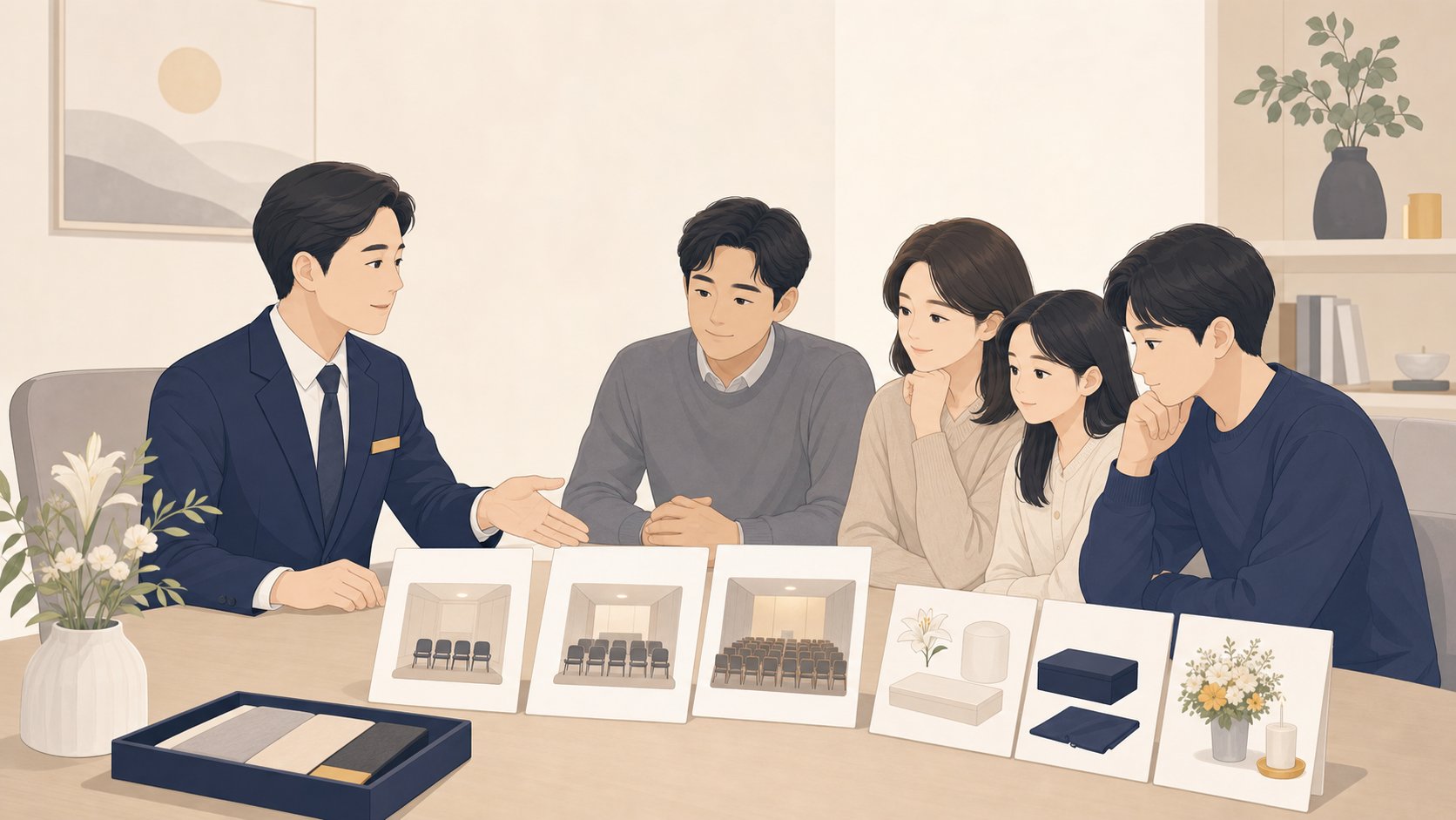 장례지도사가 빈소 규모와 장례용품 선택을 안내하는 모습