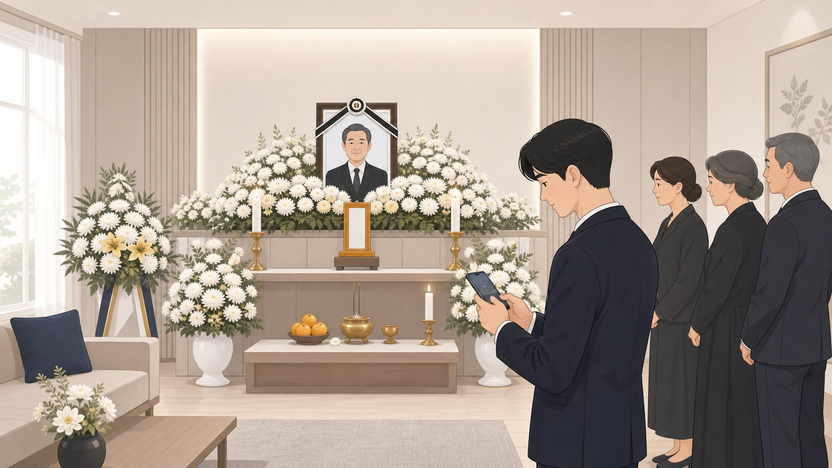 단정하게 차려진 빈소 제단과 부고를 보내는 상주의 모습