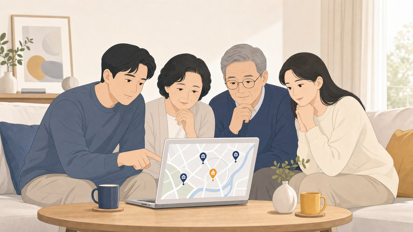노트북으로 인근 장례식장과 화장장 위치를 미리 확인하는 충청도 가족