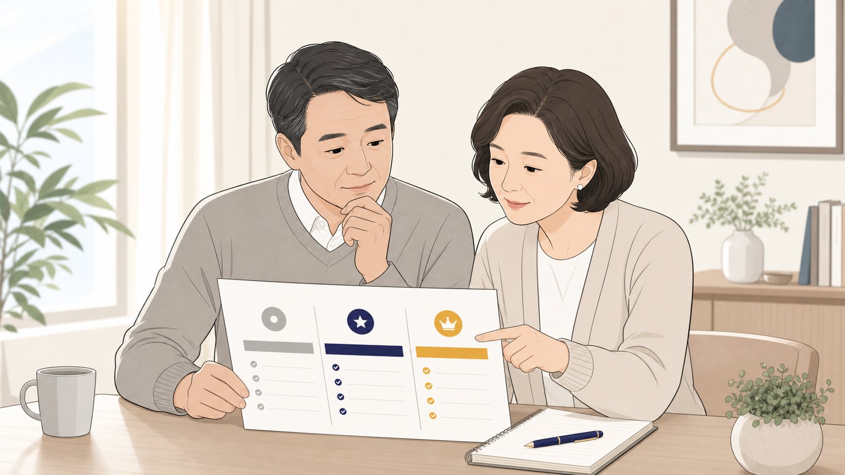 상조 등급별 구성표를 보며 필요한 수준을 의논하는 중장년 부부