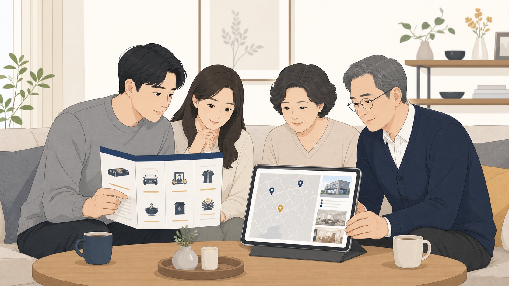 상조 패키지 안내서와 충청도 지역 장례식장 정보를 함께 비교하는 가족
