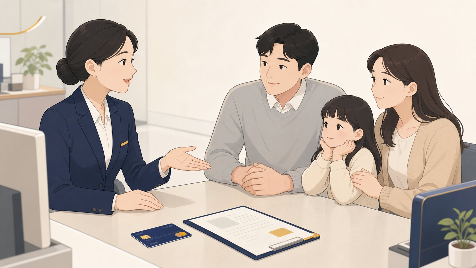 카드와 정산서가 놓인 창구에서 결제 방법을 안내받는 모습