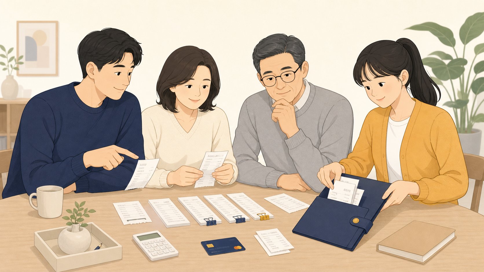 정산서와 카드를 놓고 결제 분담을 의논하며 영수증을 정리하는 가족