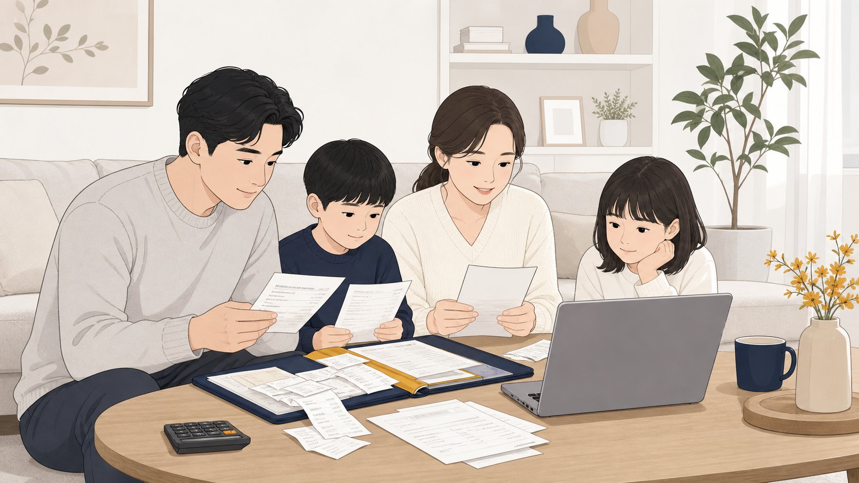 정산 영수증을 정리하며 노트북으로 장례식장 정보를 확인하는 충청도 가족