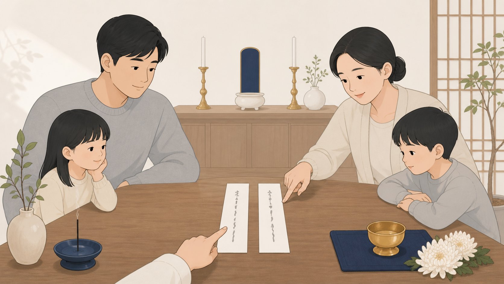 세로로 쓴 지방 두 장을 나란히 놓고 오른쪽 남성 왼쪽 여성 위치를 손으로 가리키는 모습