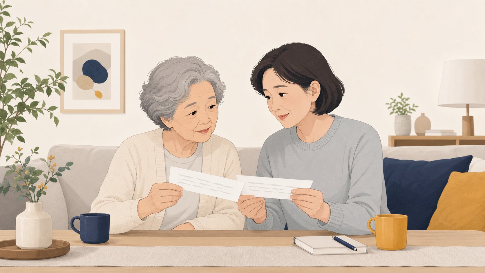 노년 부모와 중년 자녀가 한글 지방과 한자 지방을 함께 보며 가풍을 의논하는 모습