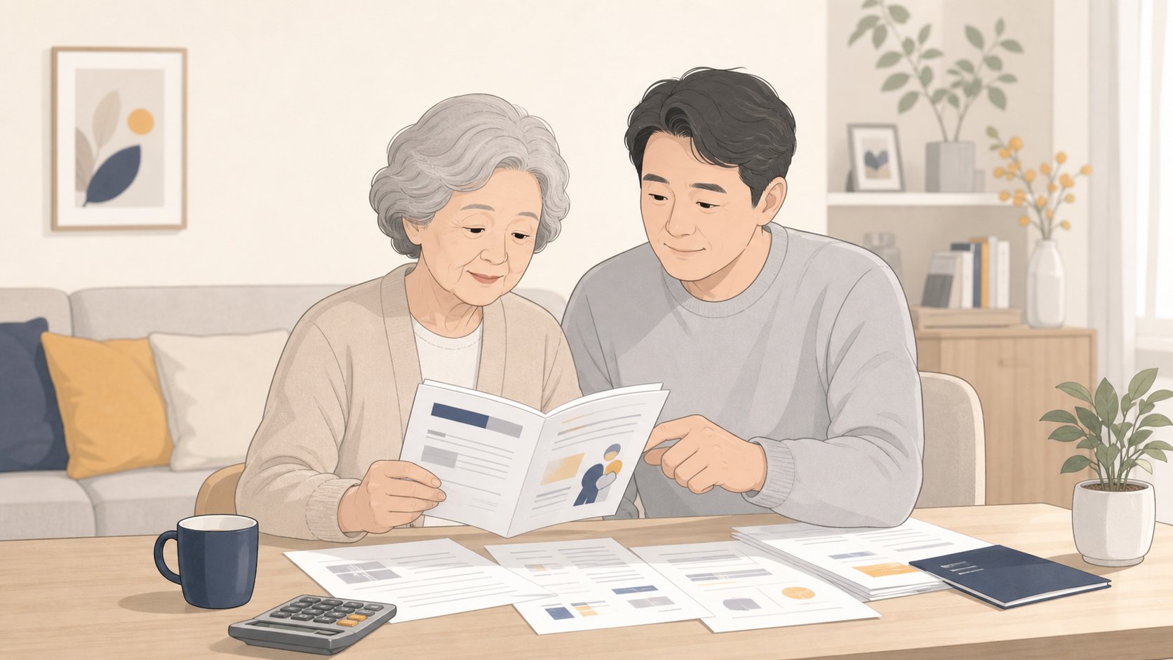 노년 부모와 중년 자녀가 복지 안내 책자와 서류를 보며 지원 대상 여부를 확인하는 모습